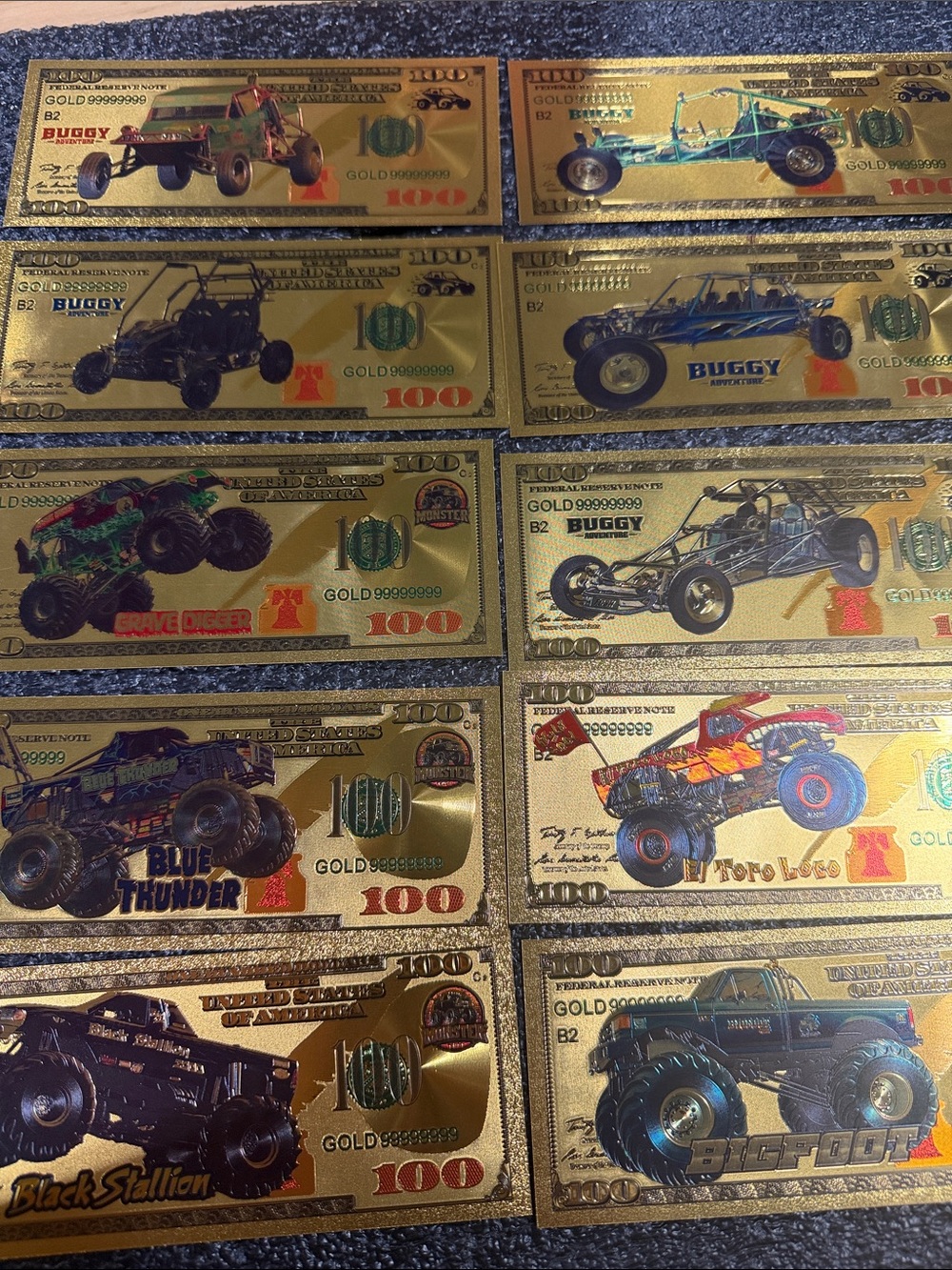 Monster Truck/ buggy Gold Play Cards set of 10- Assorted Colors
